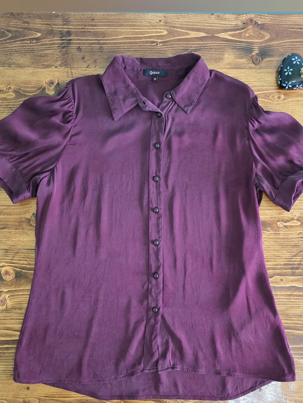 Quince Washable Stretch Silk Puff Sleeve Blouse Wine Tasting Red M